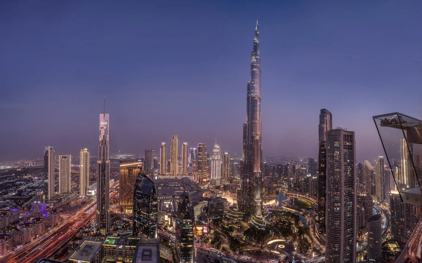 Burj Khalifa and the Downtown Dubai skyline at twilight, seen from Sky Views Observatory